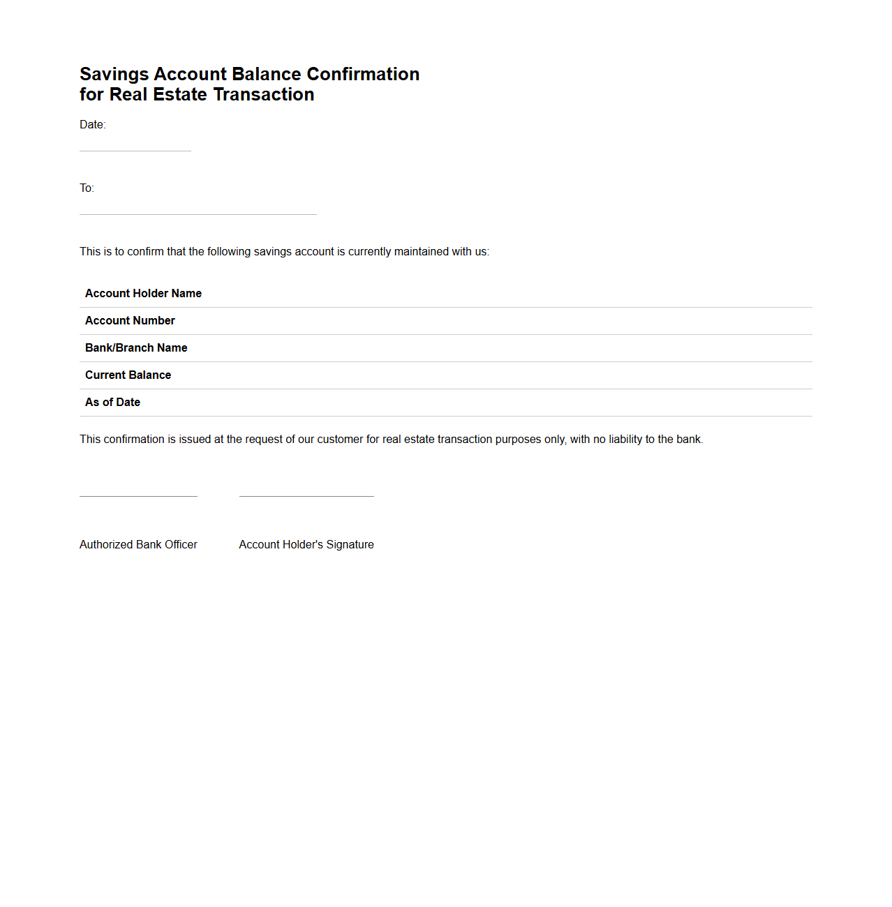 Savings Account Balance Confirmation for Real Estate