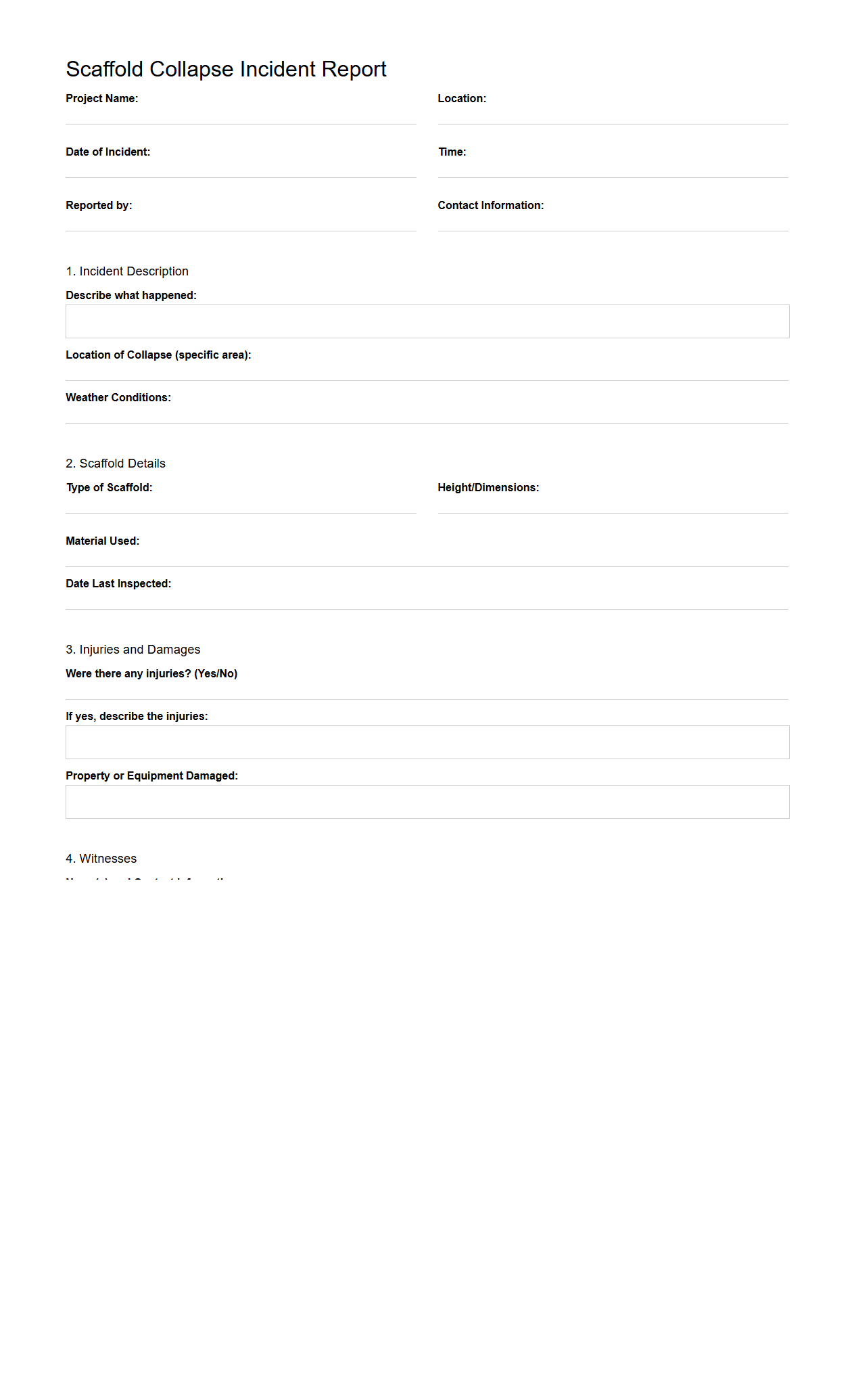 Scaffold Collapse Incident Report Template for Construction
