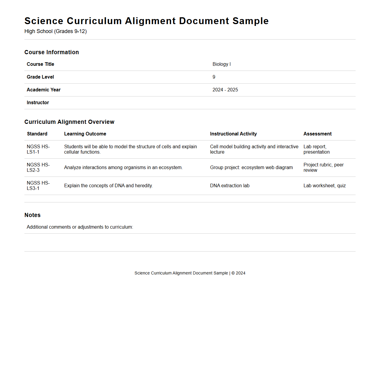 Science Curriculum Alignment Document Sample for High School