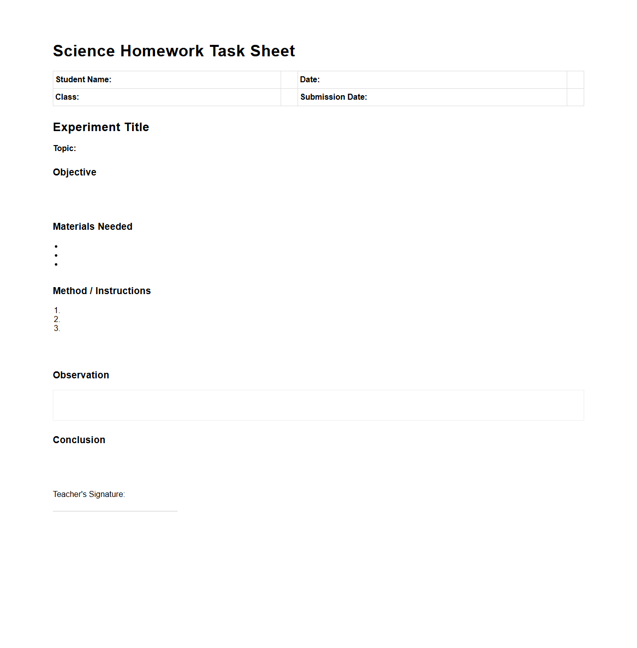 Science Homework Task Sheet with Experiment Instructions