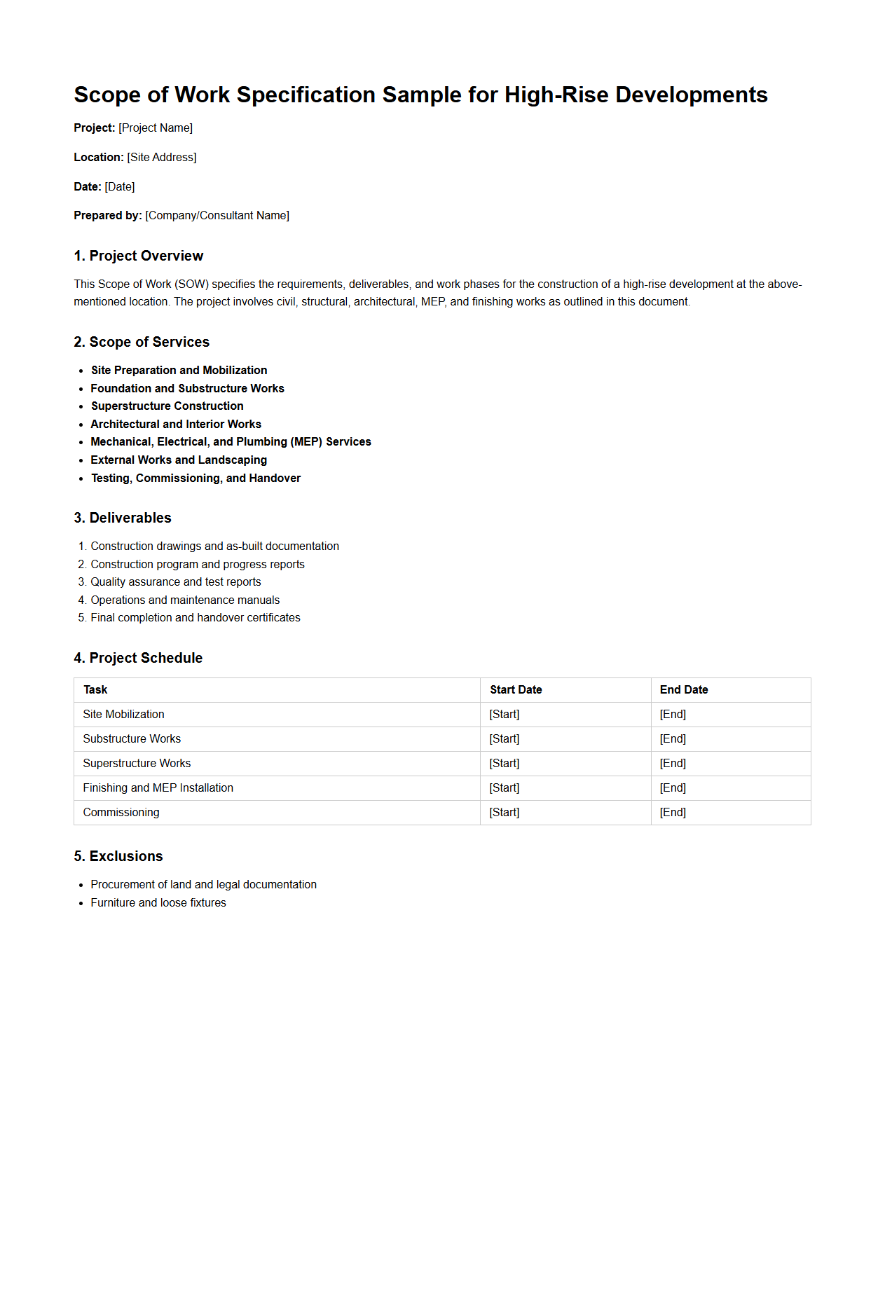 Scope of Work Specification Sample for High-Rise Developments