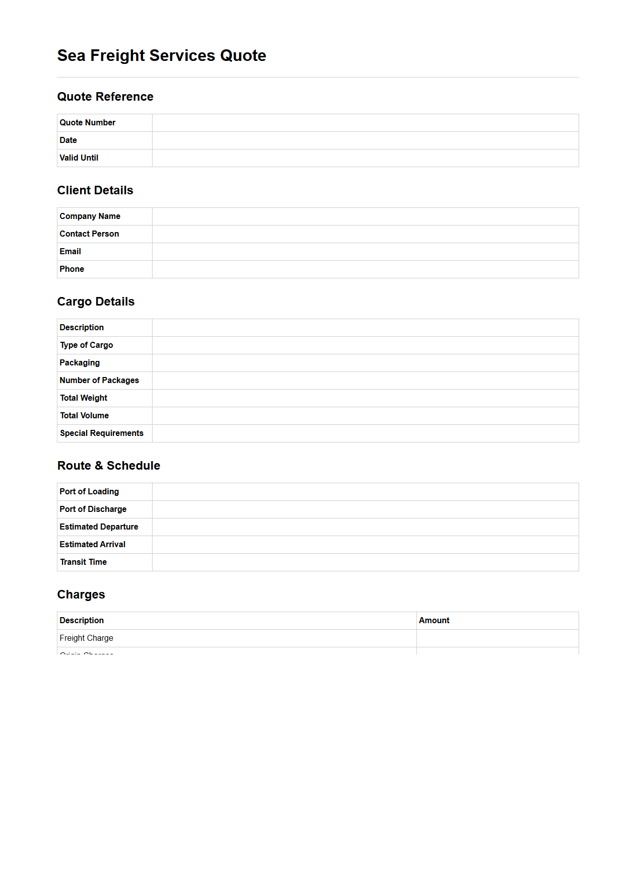 Sea Freight Services Quote Document