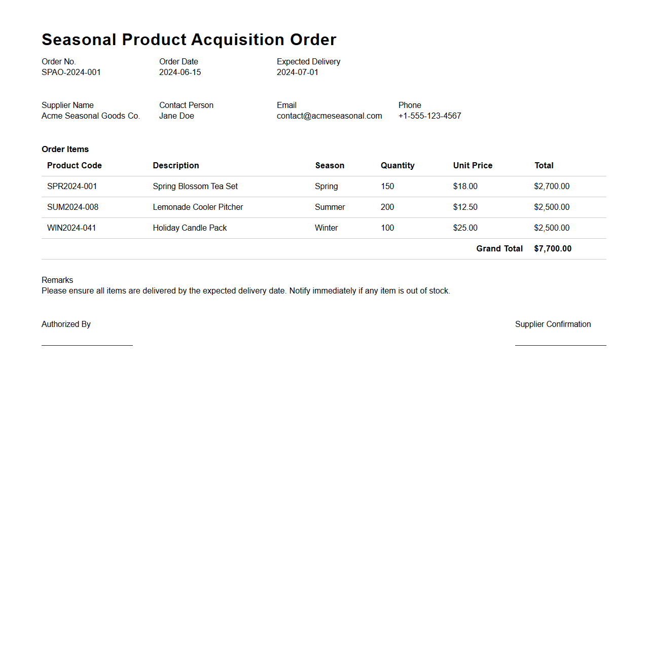 Seasonal Product Acquisition Order Sample