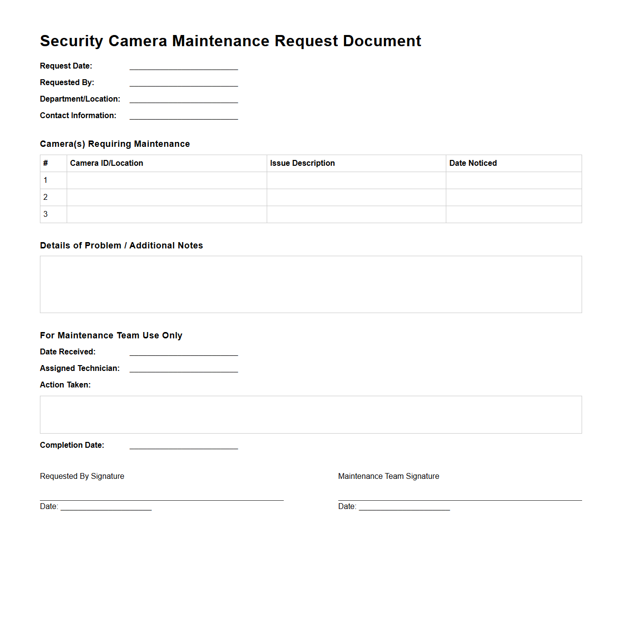 Security Camera Maintenance Request Document