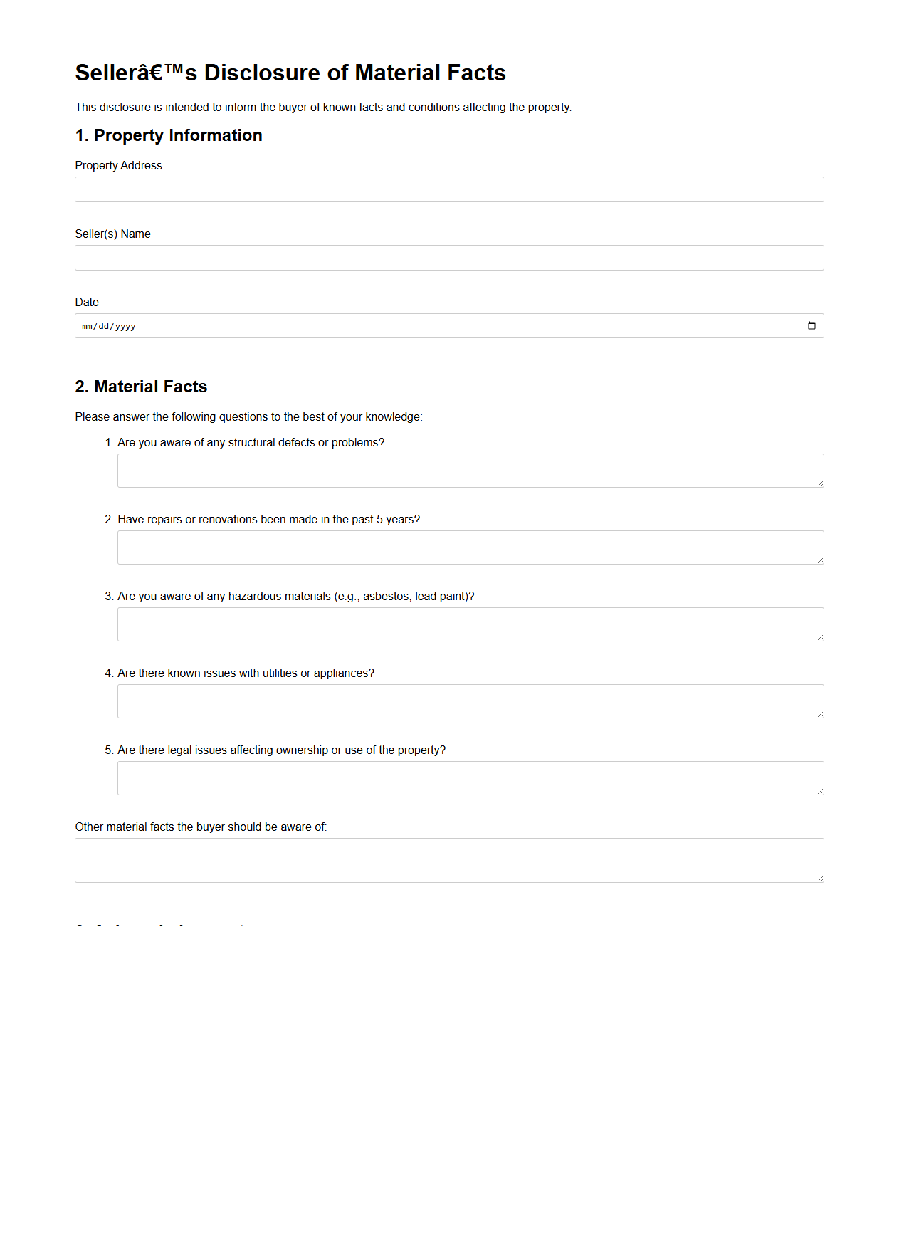 Seller’s Disclosure of Material Facts Template