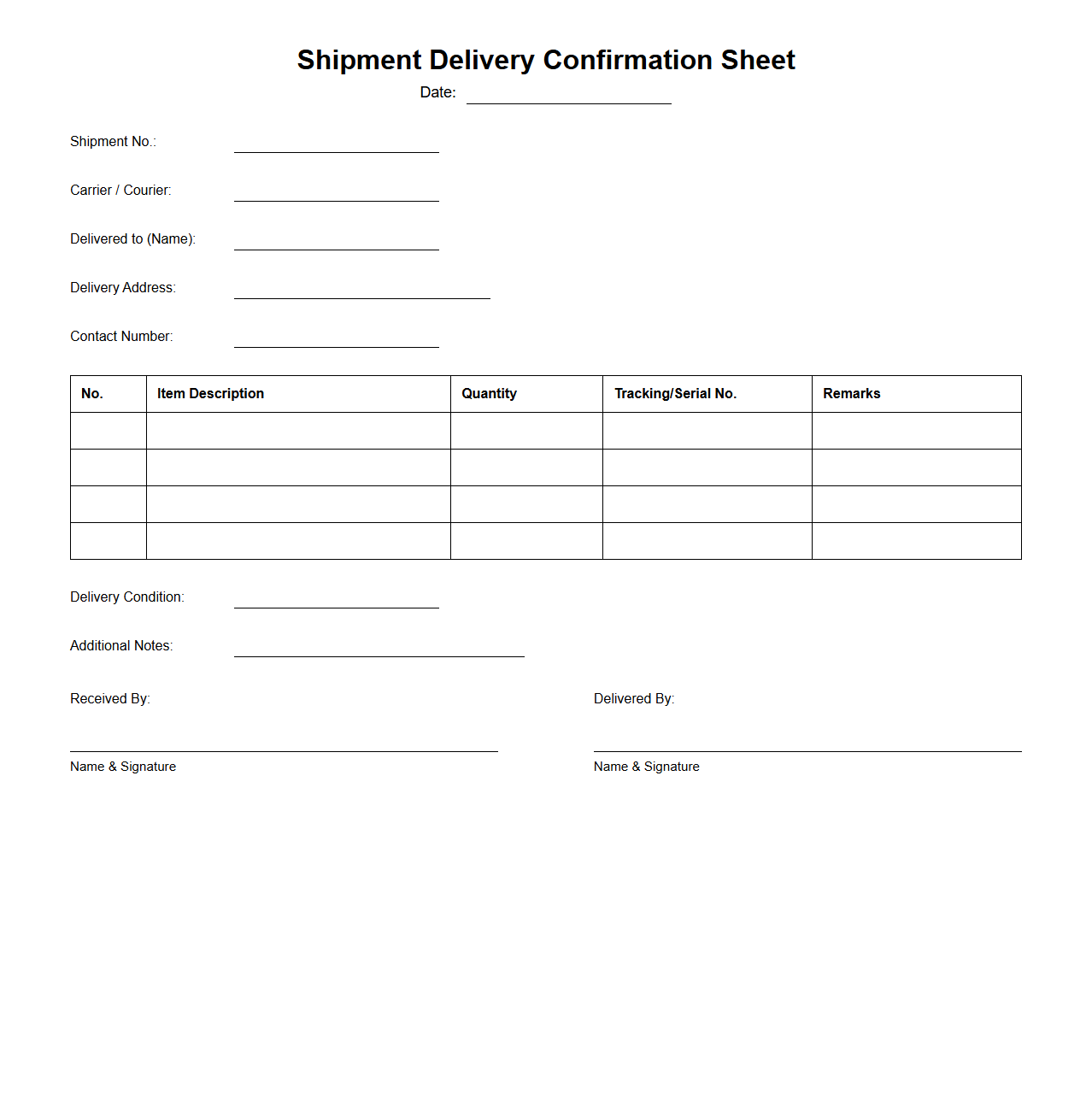 Shipment Delivery Confirmation Sheet