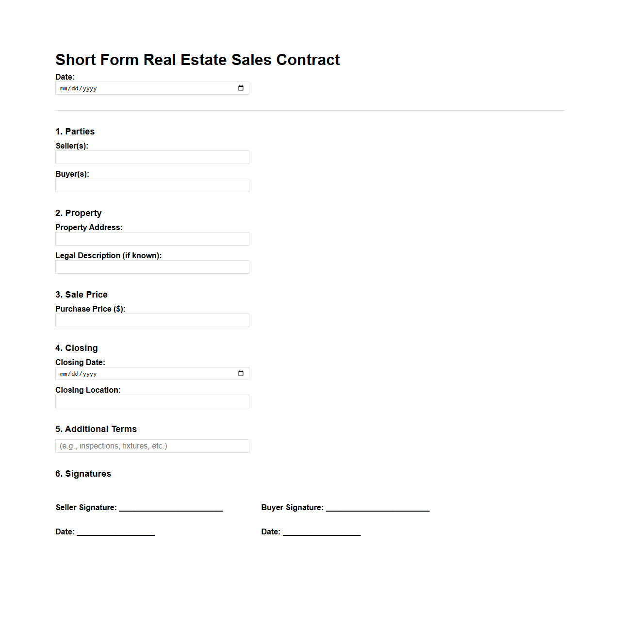 Short Form Real Estate Sales Contract