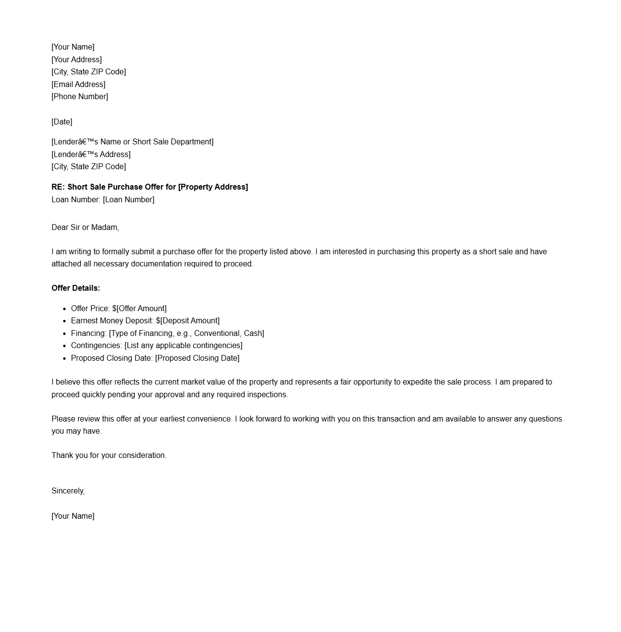 Short Sale Purchase Offer Letter Sample