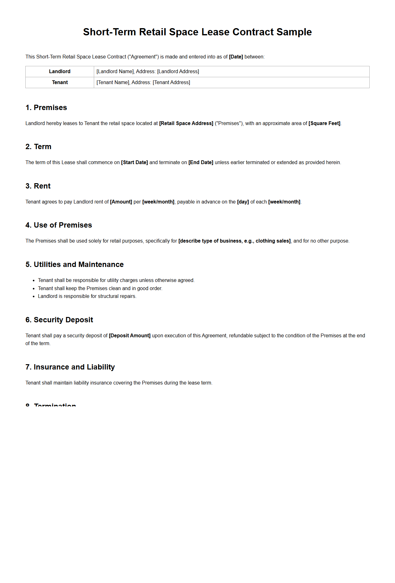 Short-Term Retail Space Lease Contract Sample