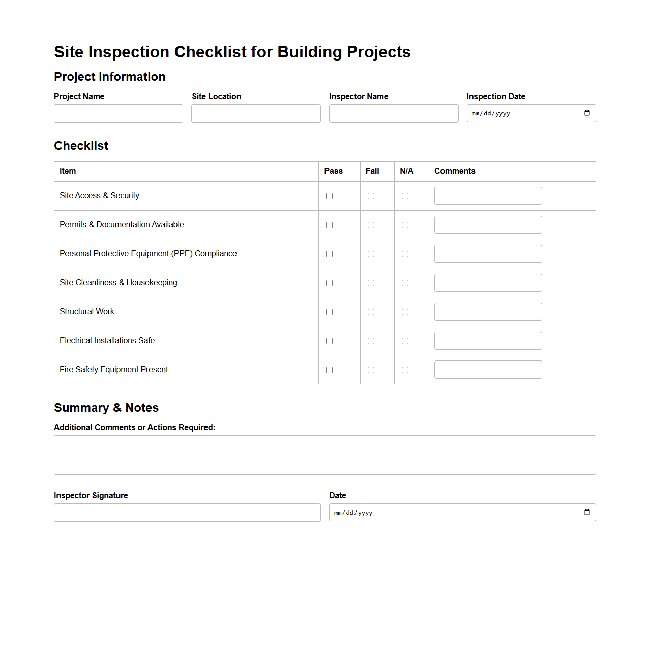 Site Inspection Checklist for Building Projects
