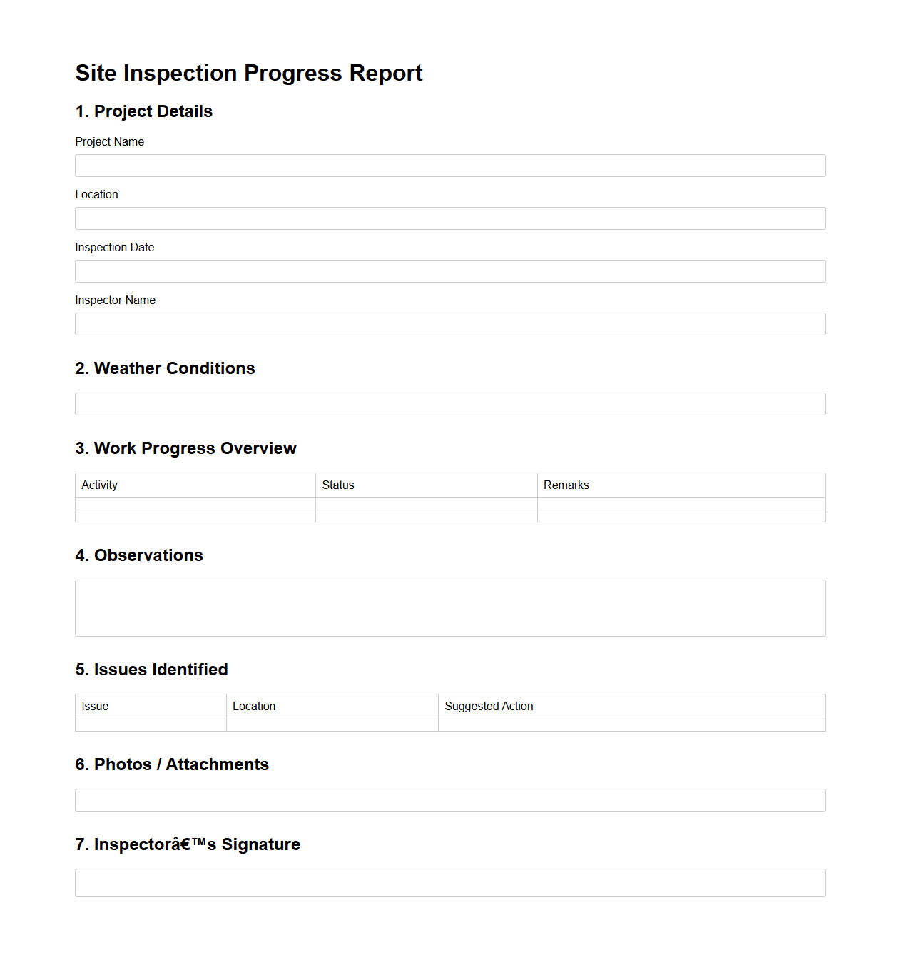 Site Inspection Progress Report Structure