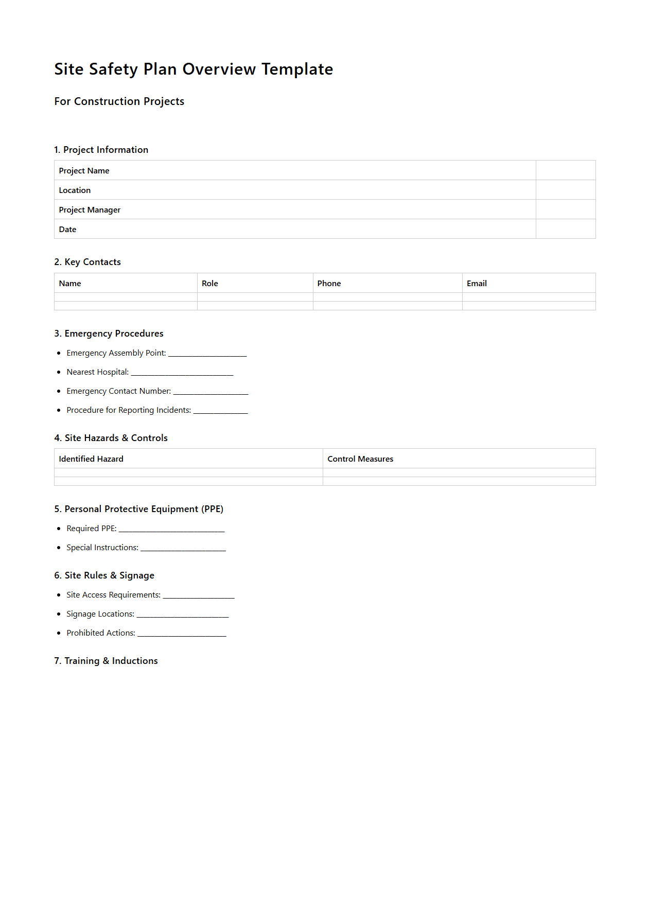 Site Safety Plan Overview Template for Construction Projects