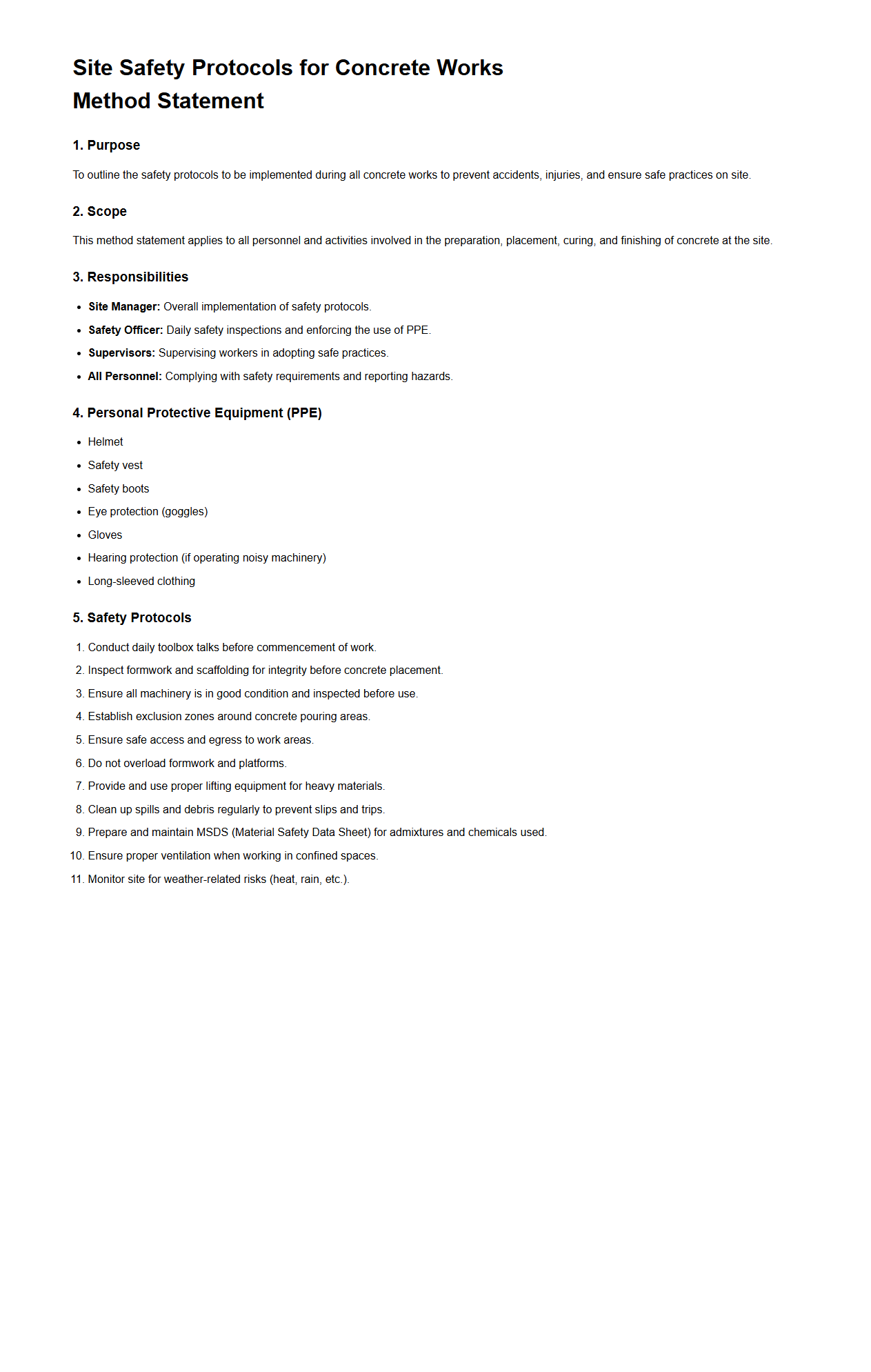 Site Safety Protocols for Concrete Works Method Statement