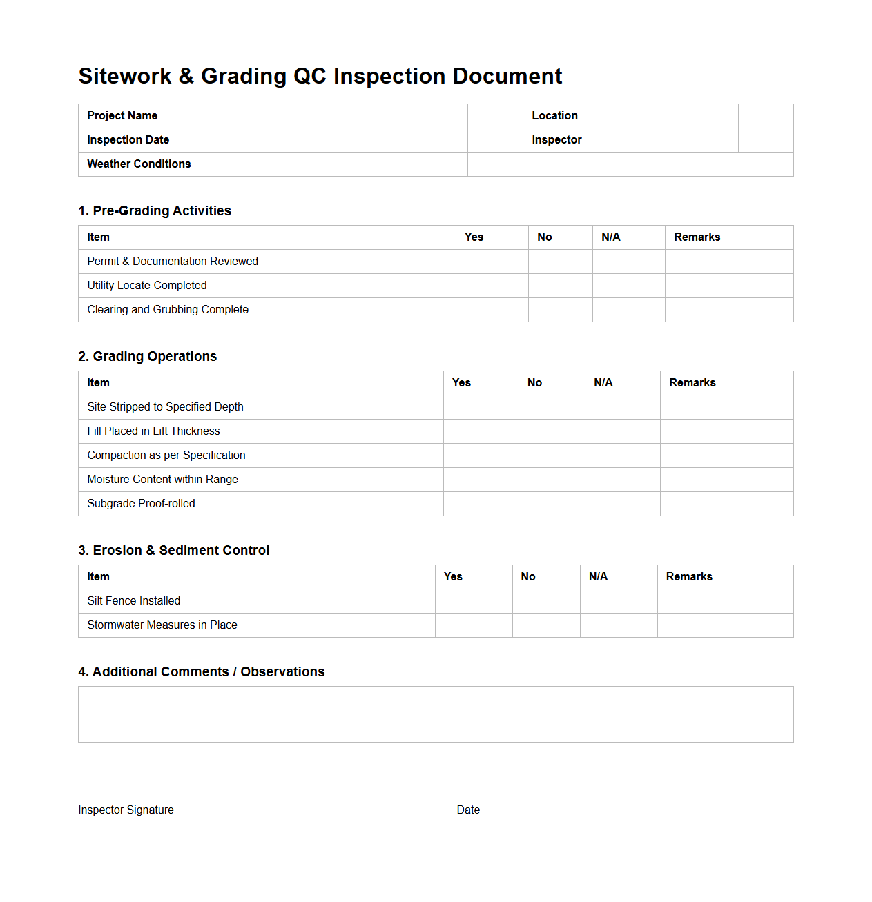 Sitework and Grading QC Inspection Document