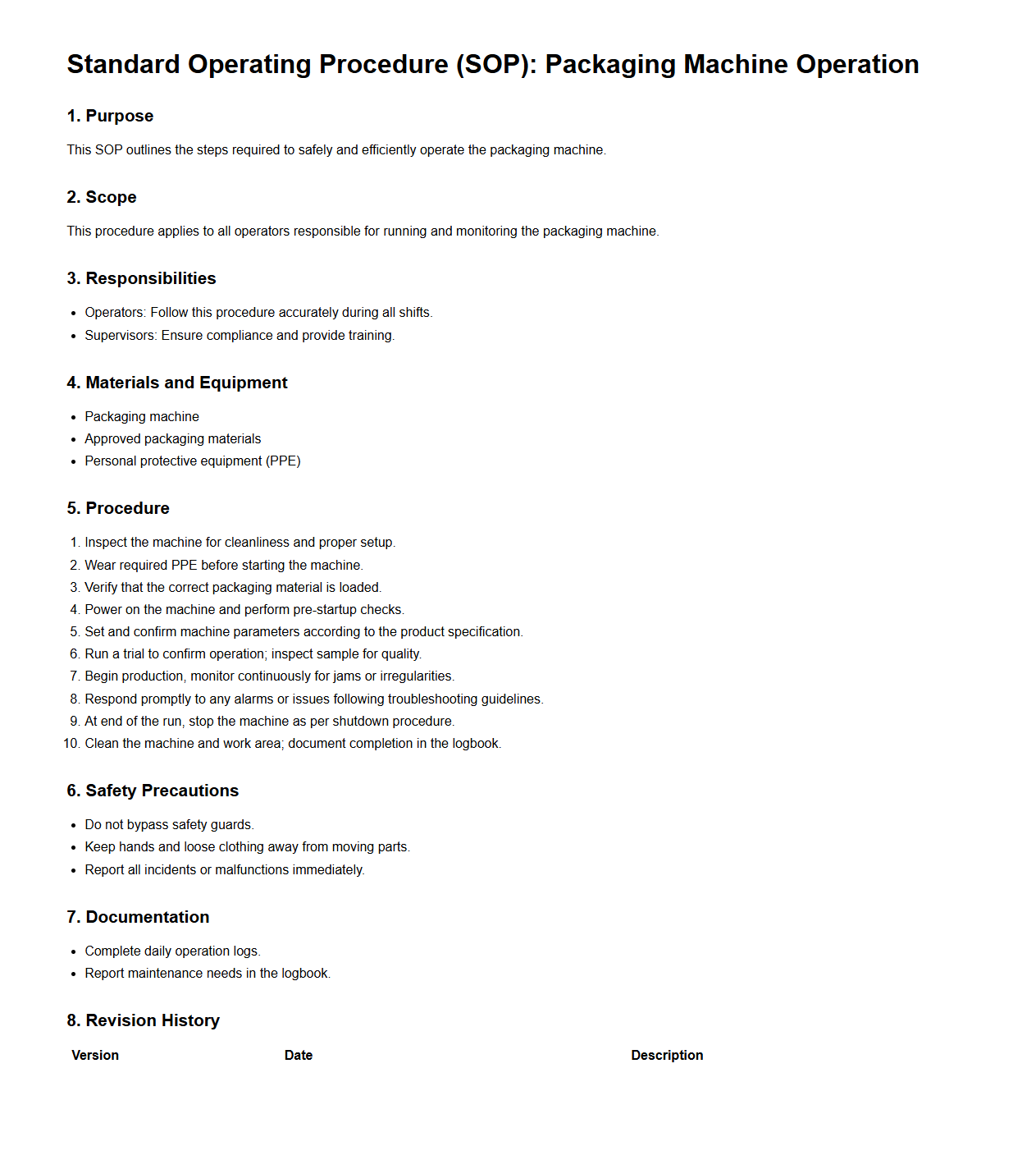 SOP for Packaging Machine Operation