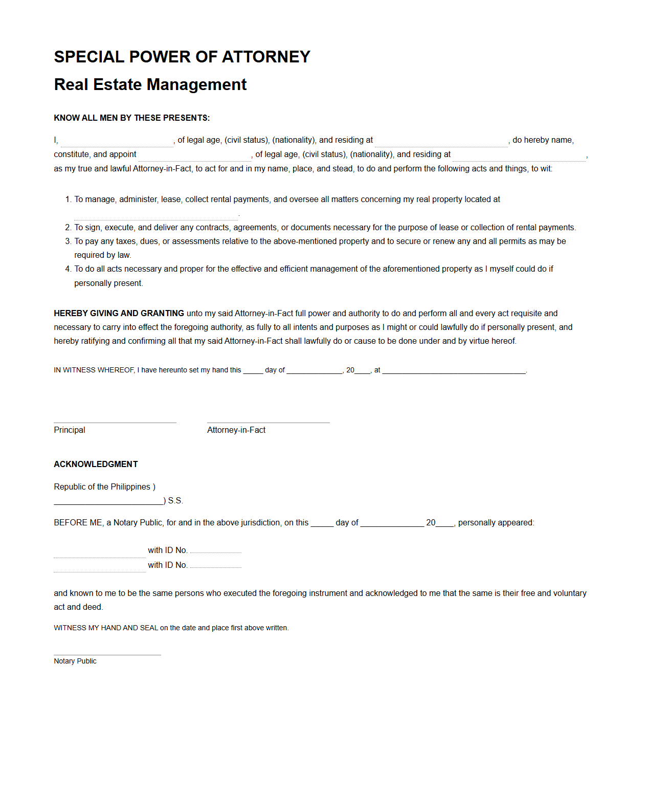 Special Power of Attorney for Real Estate Management