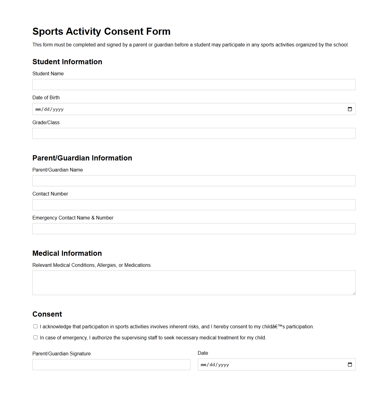 Sports Activity Consent Form for Students