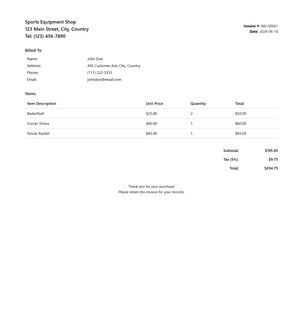 Sports Equipment Shop Invoice Document