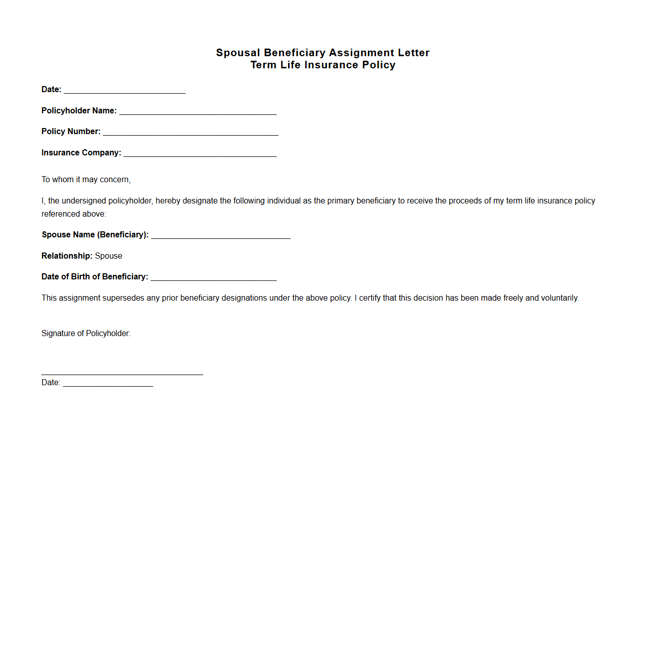 Spousal Beneficiary Assignment Letter for Term Life Insurance