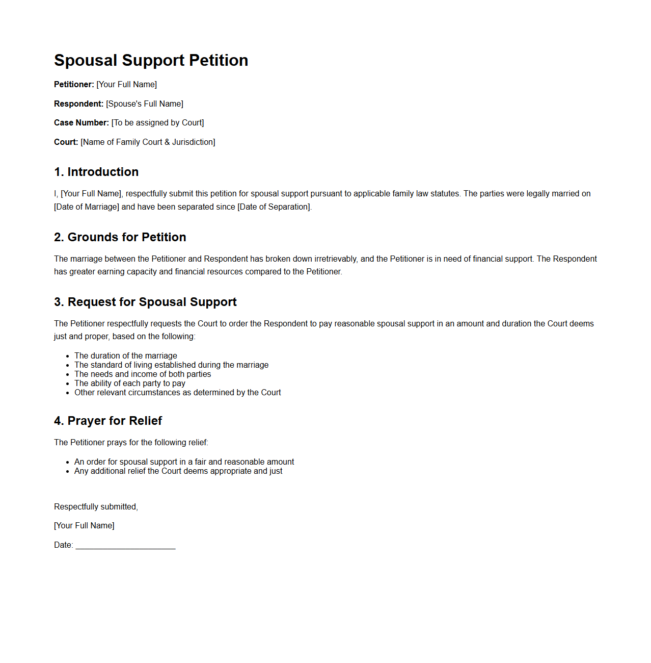 Spousal Support Petition Example for Family Law