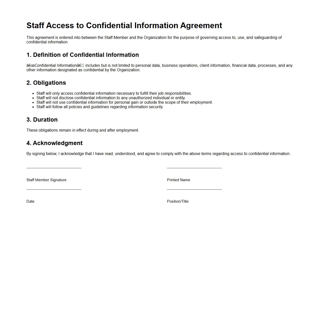 Staff Access to Confidential Information Agreement