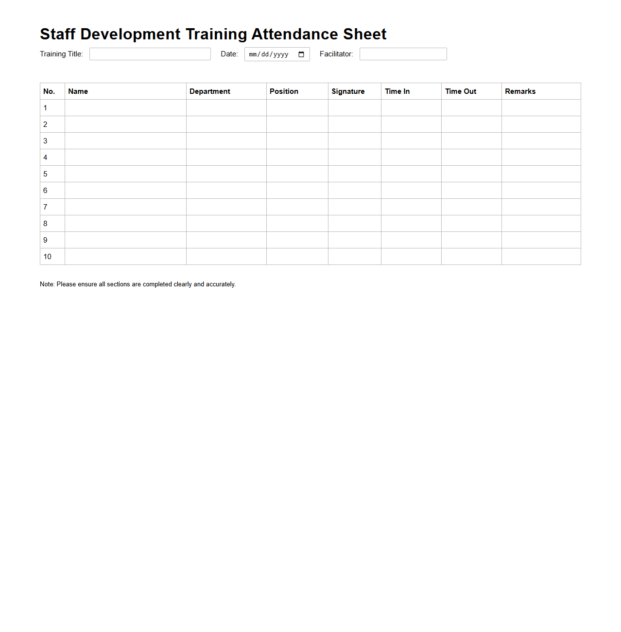 Staff Development Training Attendance Sheet Template