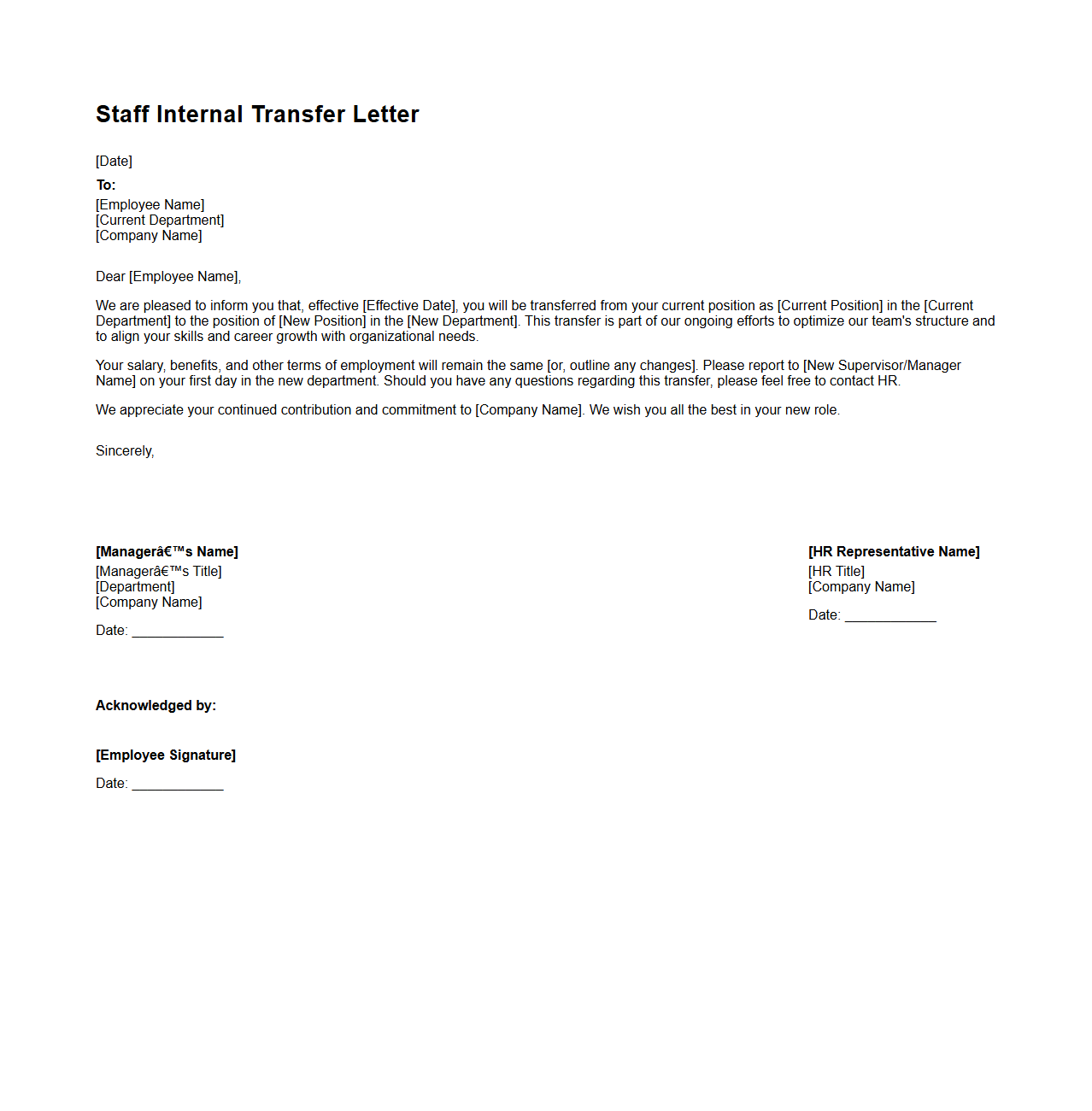 Staff Internal Transfer Letter Example