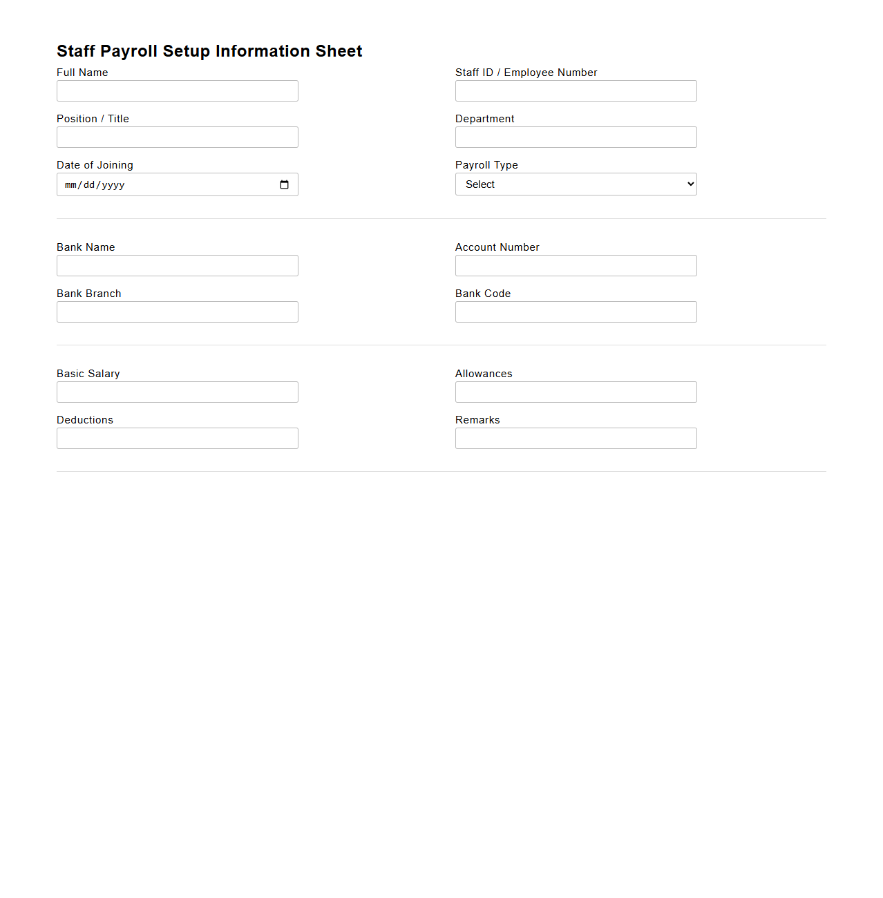 Staff Payroll Setup Information Sheet