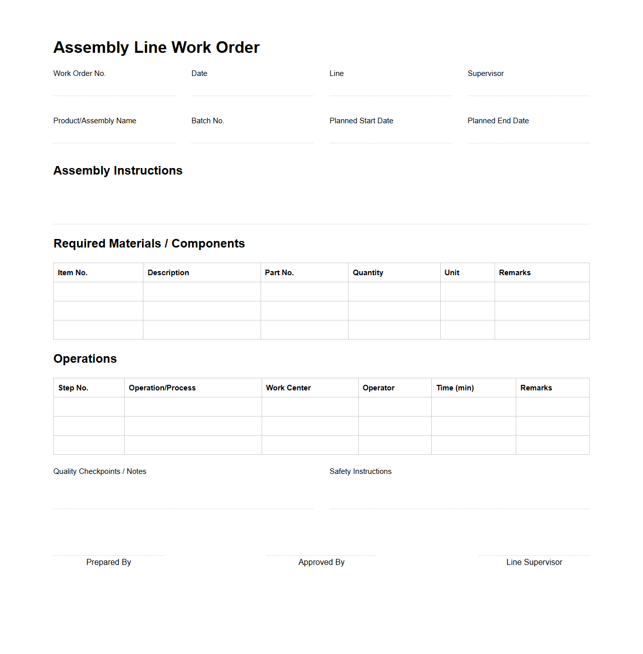 Standard Assembly Line Work Order Format