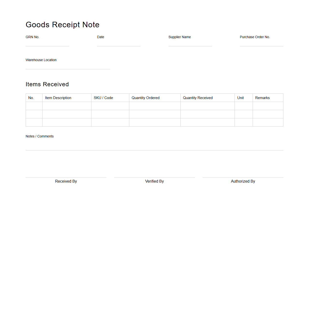 Standard Goods Receipt Note for Warehouse Inventory