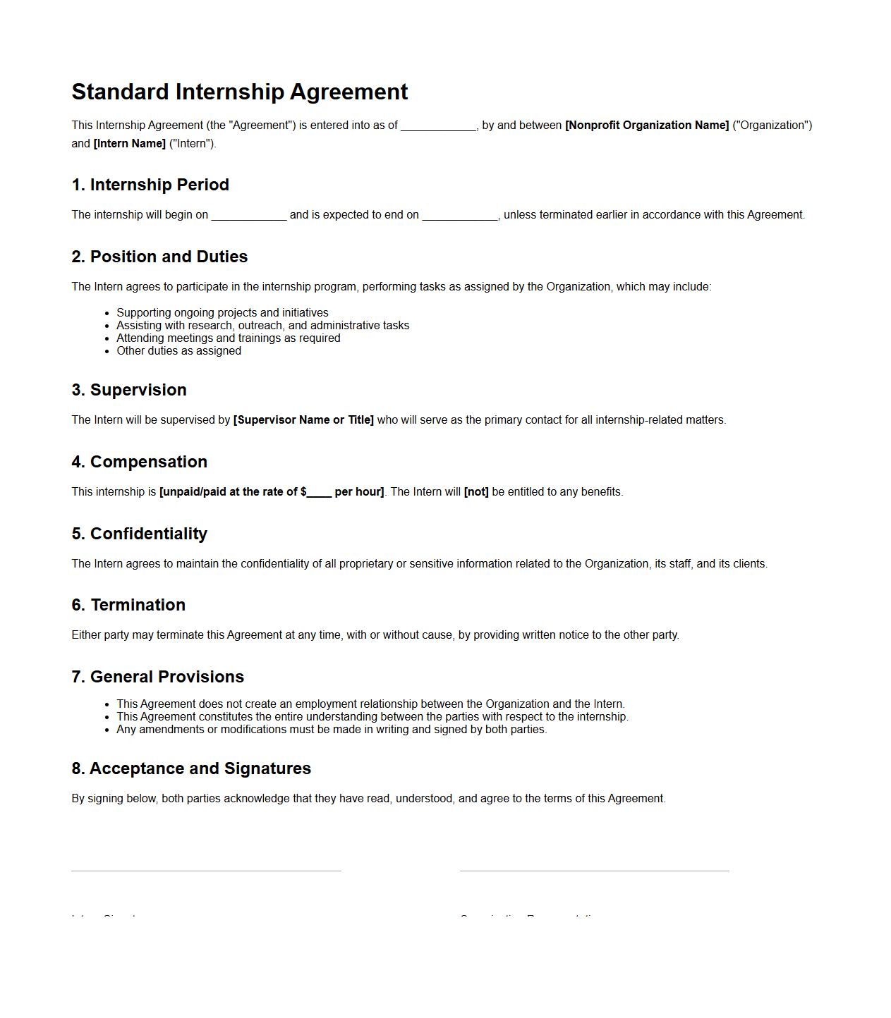 Standard Internship Agreement for Nonprofit Organizations