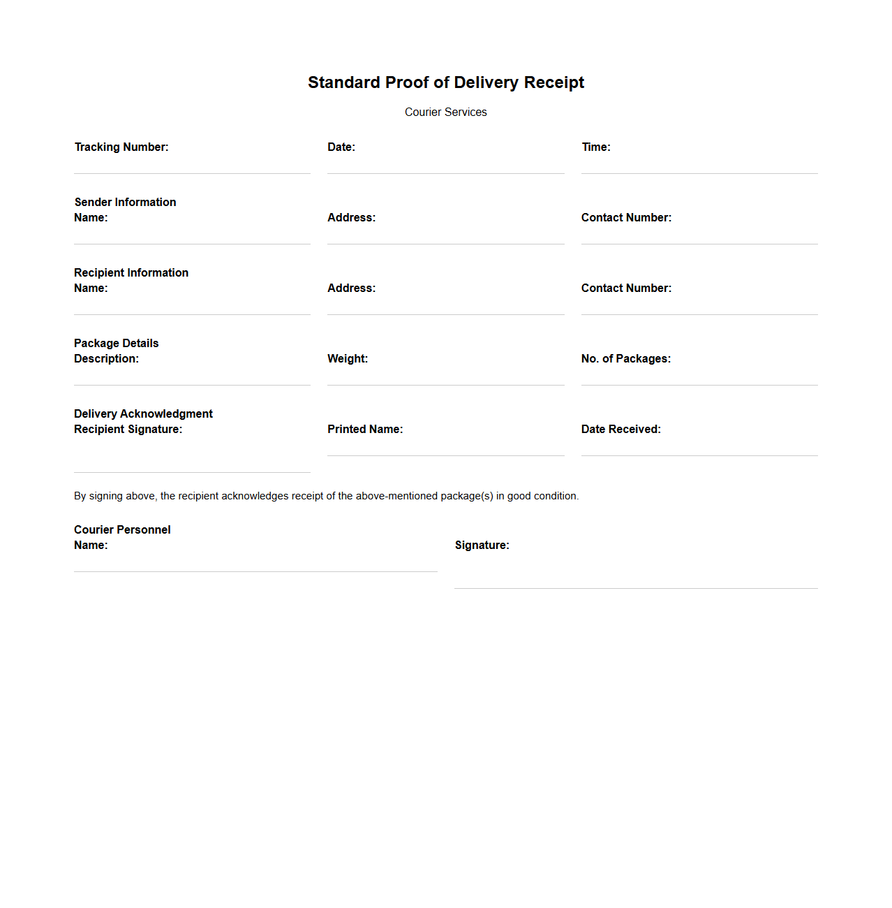 Standard Proof of Delivery Receipt for Courier Services