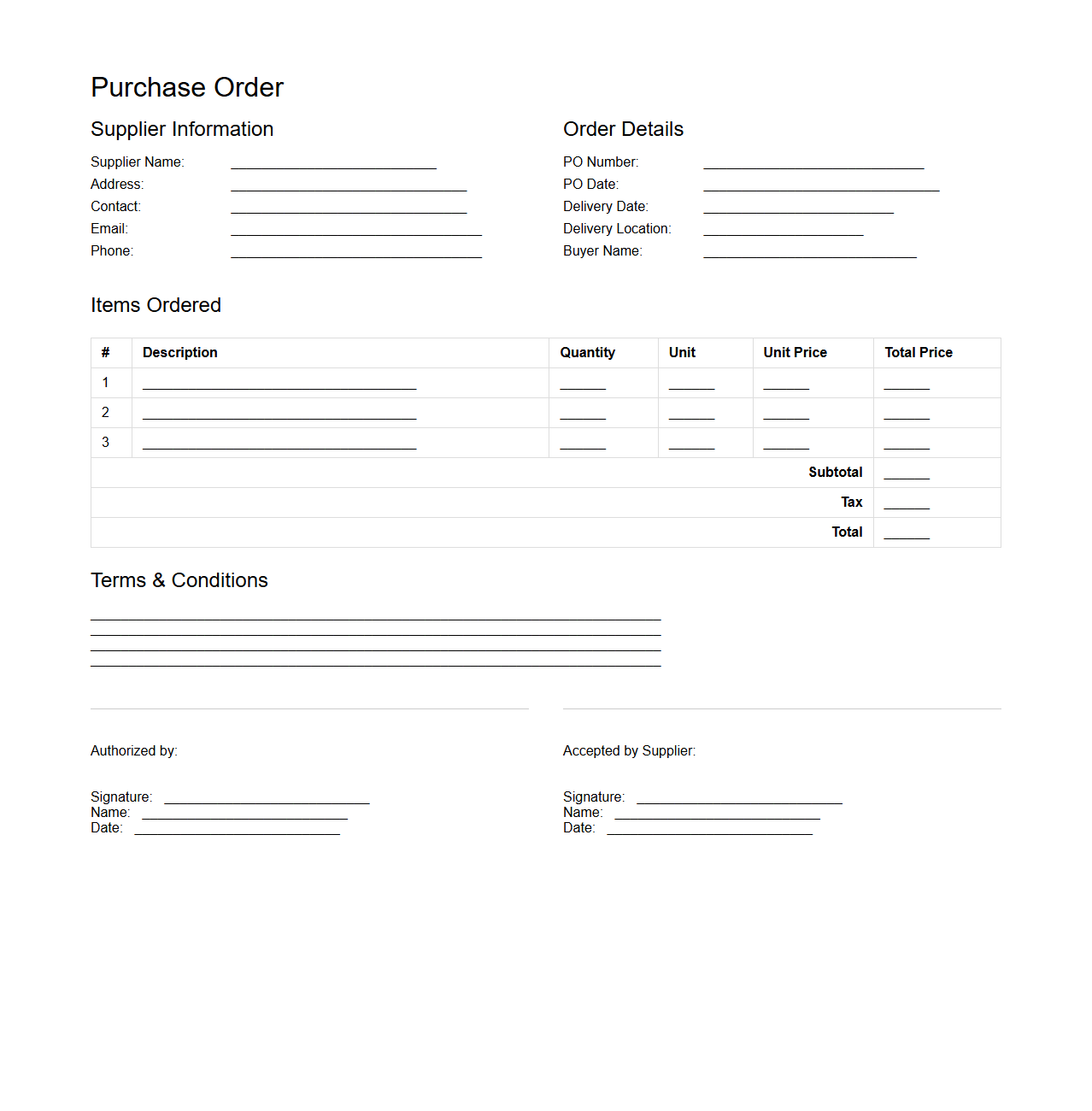 Standard Purchase Order Document Template for Procurement