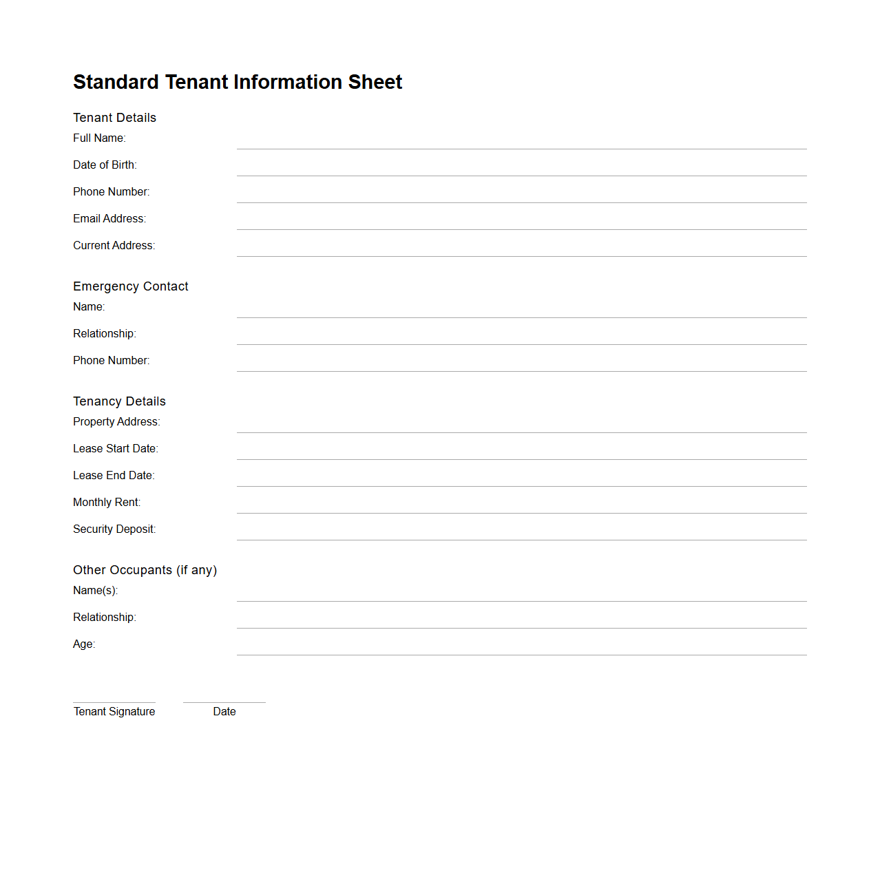 Standard Tenant Information Sheet Example