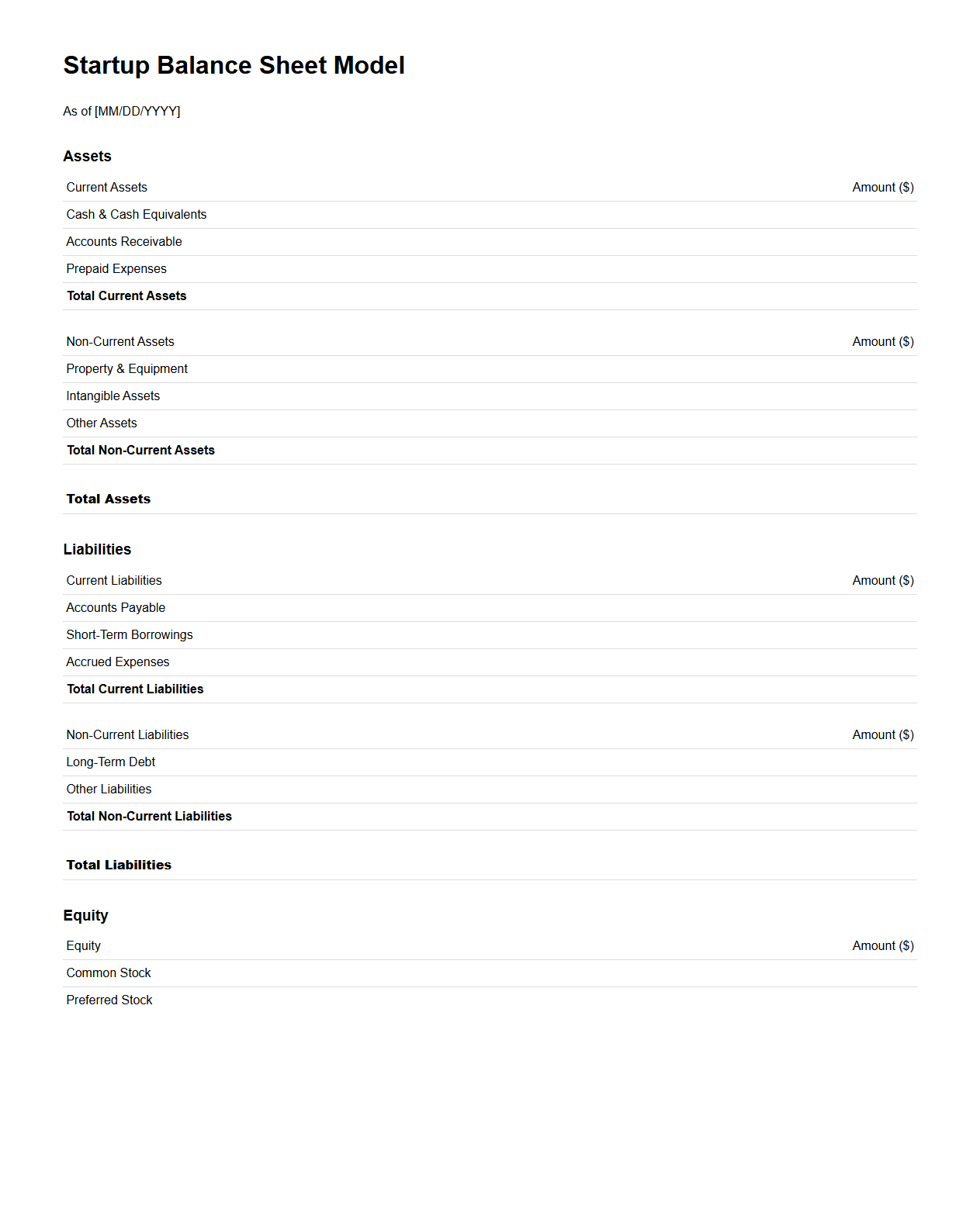 Startup Balance Sheet Model for Investor Presentations
