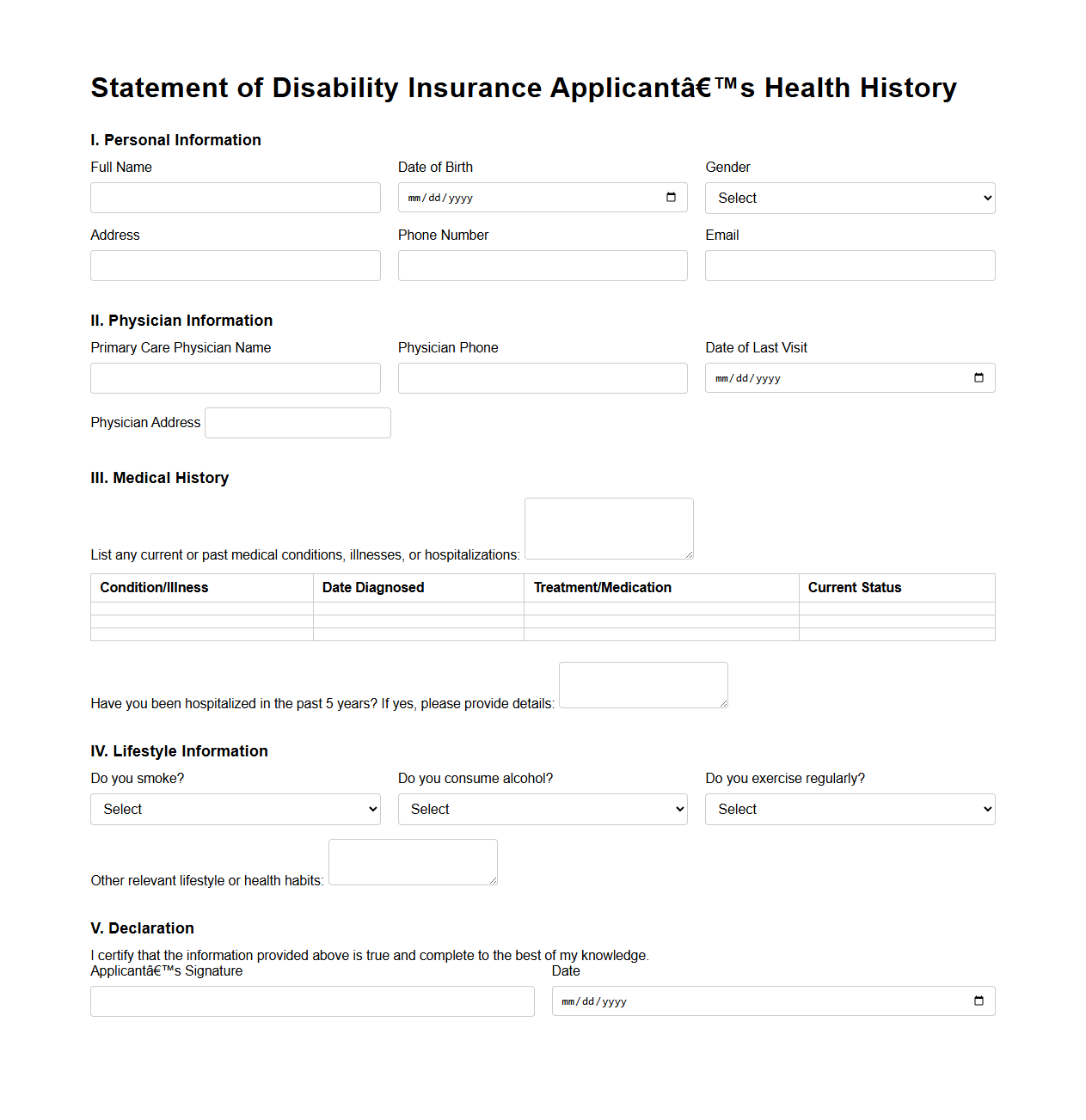 Statement of Disability Insurance Applicant’s Health History