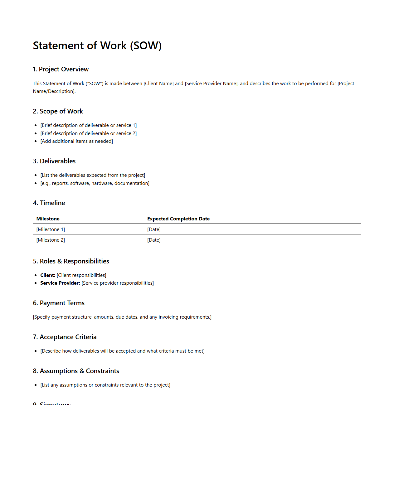 Statement of Work Document Example