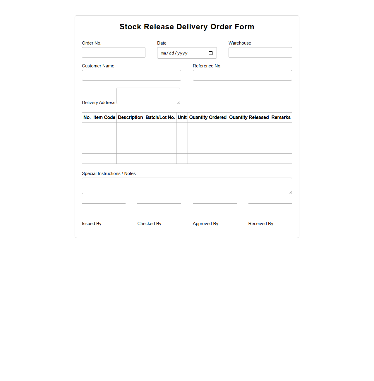 Stock Release Delivery Order Form for Warehouse Operations