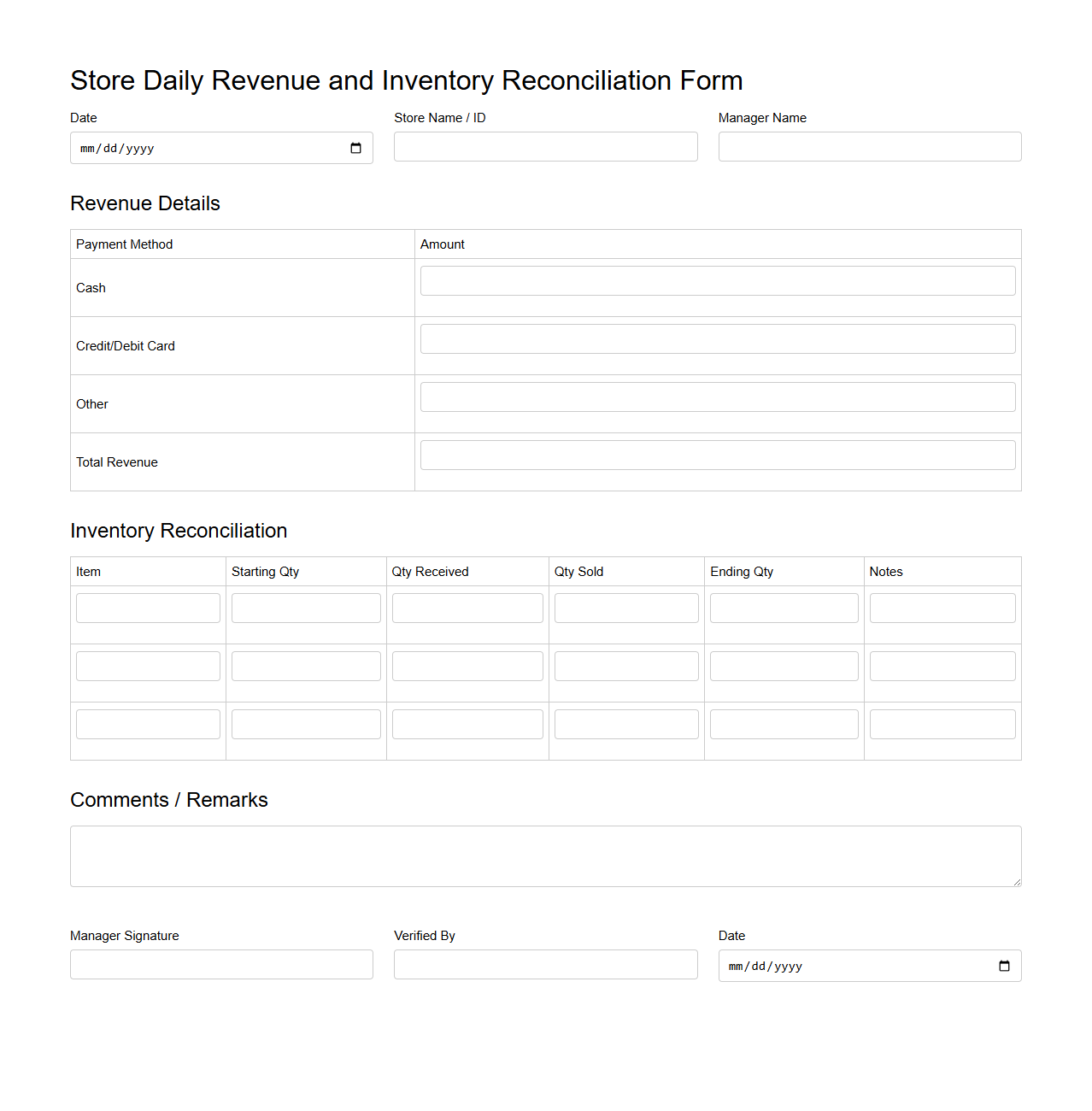 Store Daily Revenue and Inventory Reconciliation Form