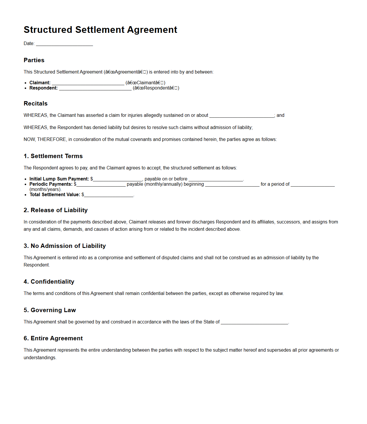 Structured Settlement Agreement Example for Injury Compensation