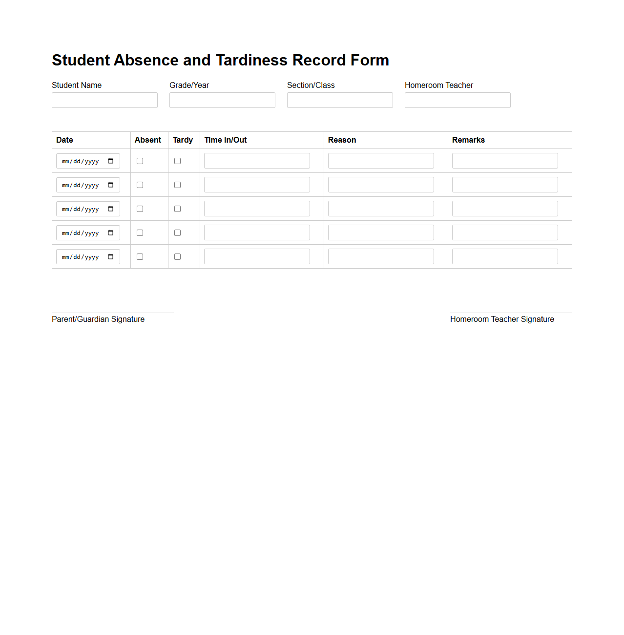 Student Absence and Tardiness Record Form