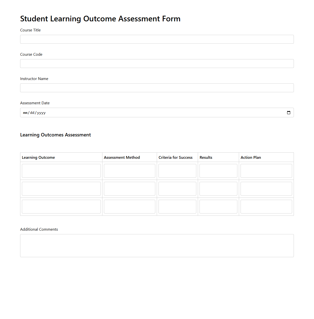 Student Learning Outcome Assessment Form for University Courses