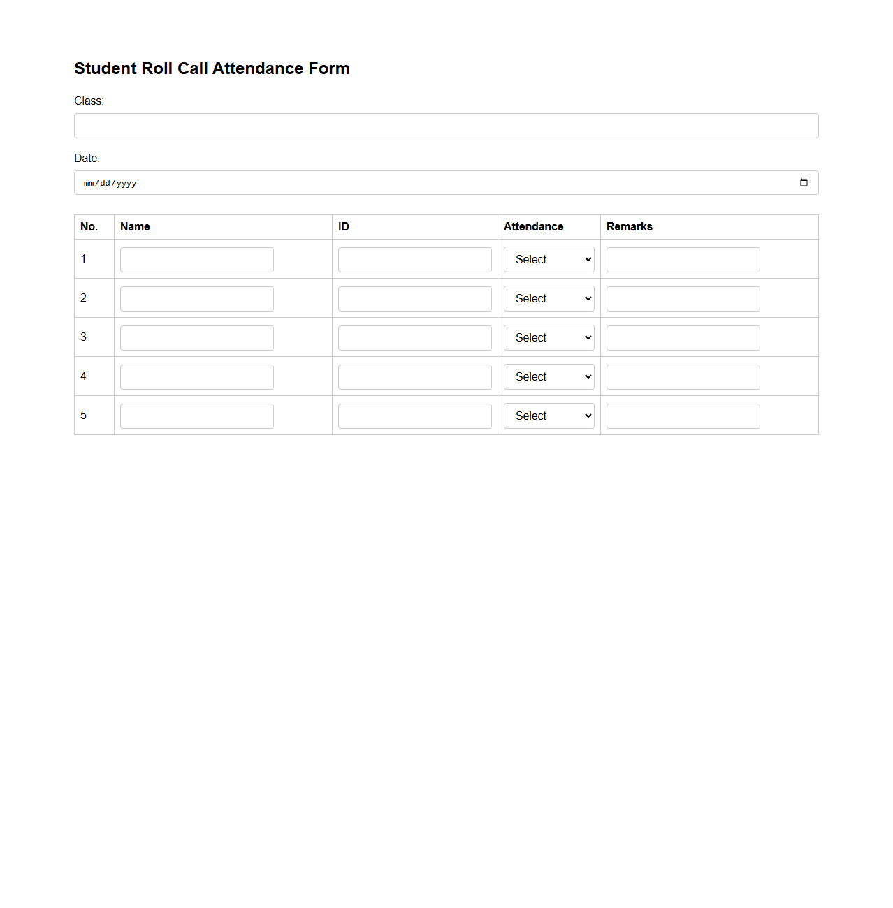 Student Roll Call Attendance Form