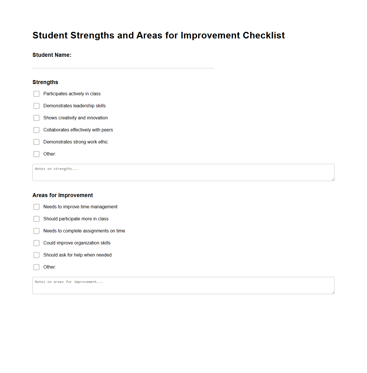 Student Strengths and Areas for Improvement Checklist