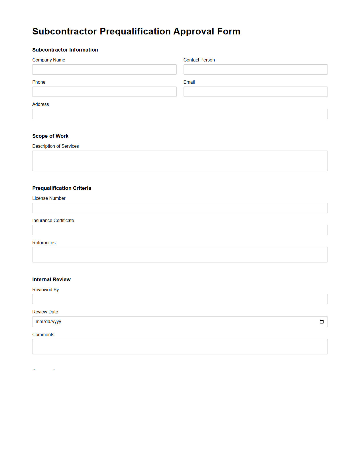 Subcontractor Prequalification Approval Form