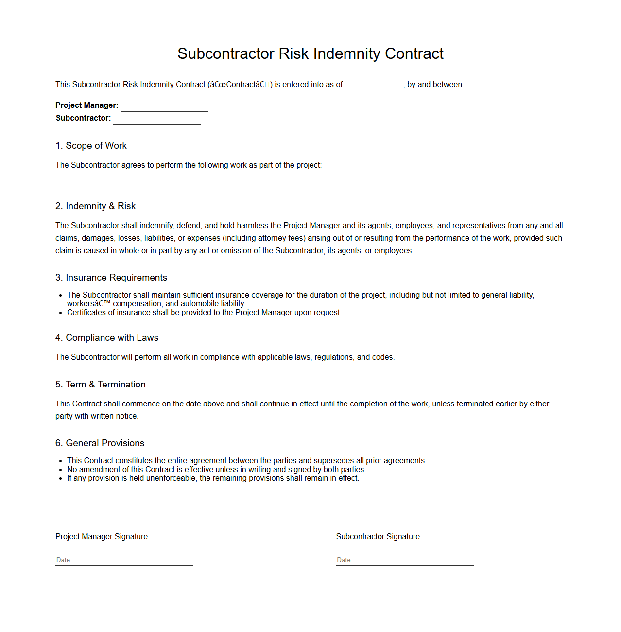 Subcontractor Risk Indemnity Contract Sample for Project Managers