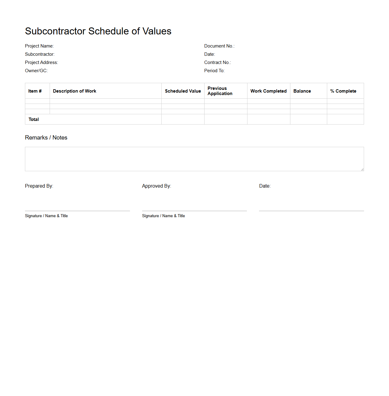 Subcontractor Schedule of Values Document