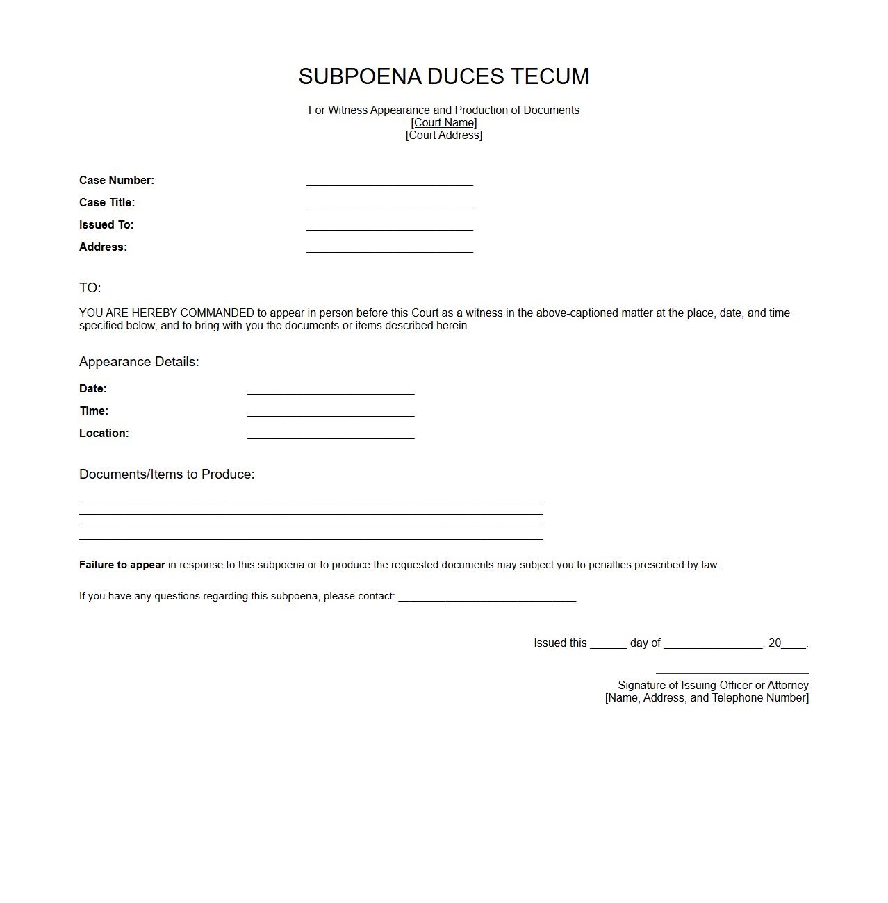 Subpoena Duces Tecum for Witness Appearance
