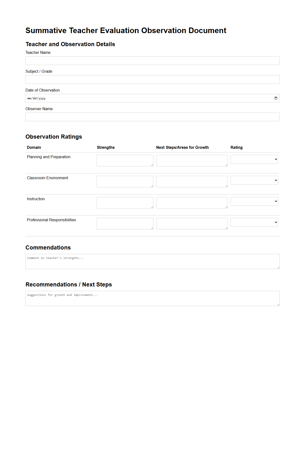 Summative Teacher Evaluation Observation Document