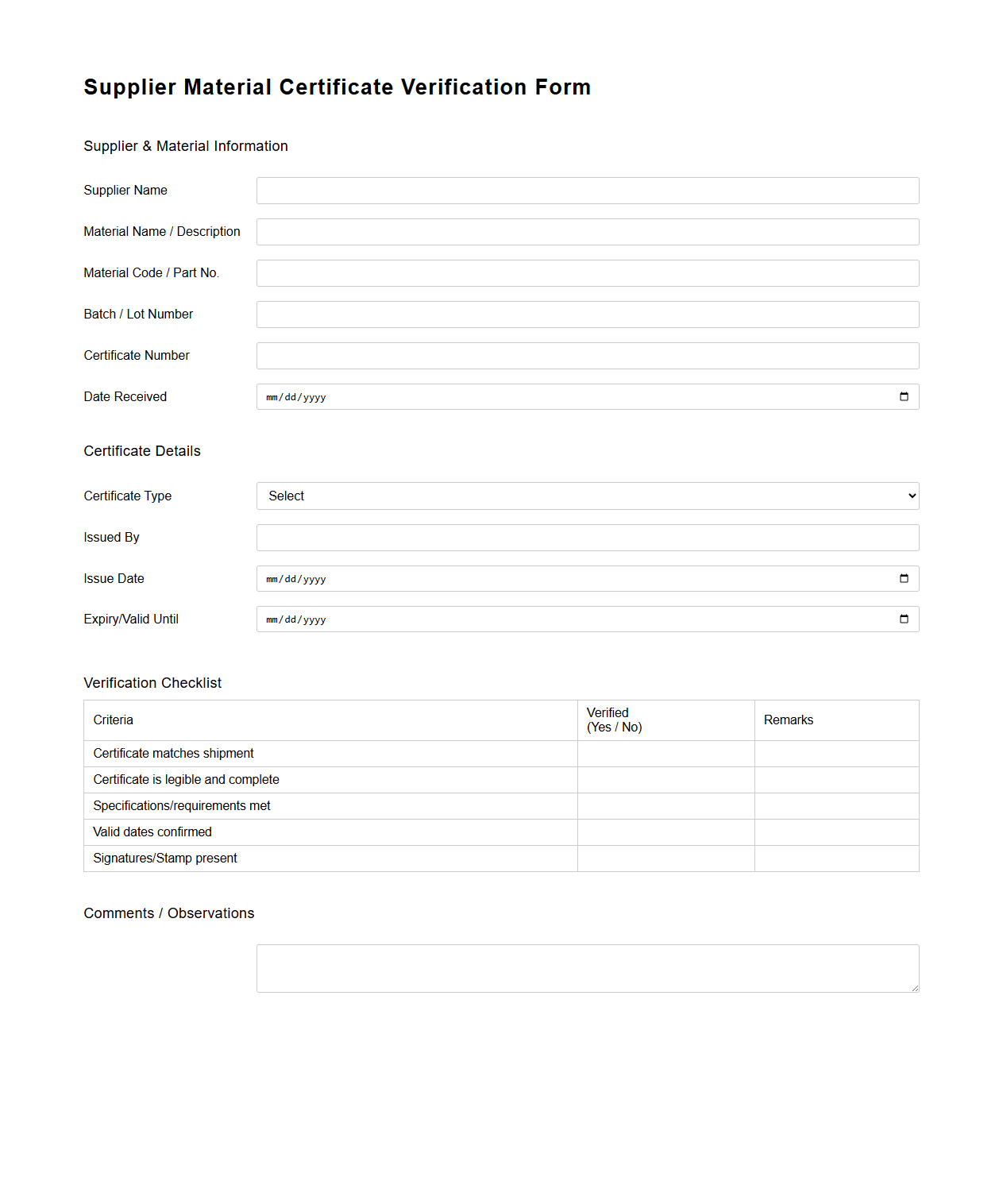 Supplier Material Certificate Verification Form